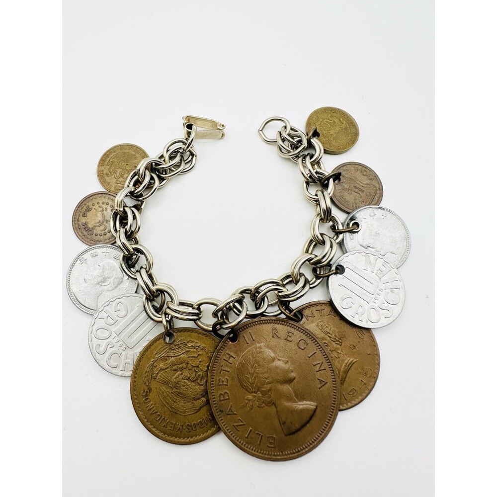 Vintage Queen Elizabeth II British Foreign Coin Charm Bracelet 6.5”